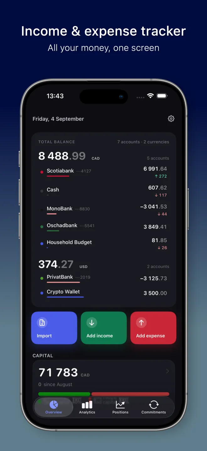 MoneyFlux Overview with balances grouped per currency and account cards in different currencies