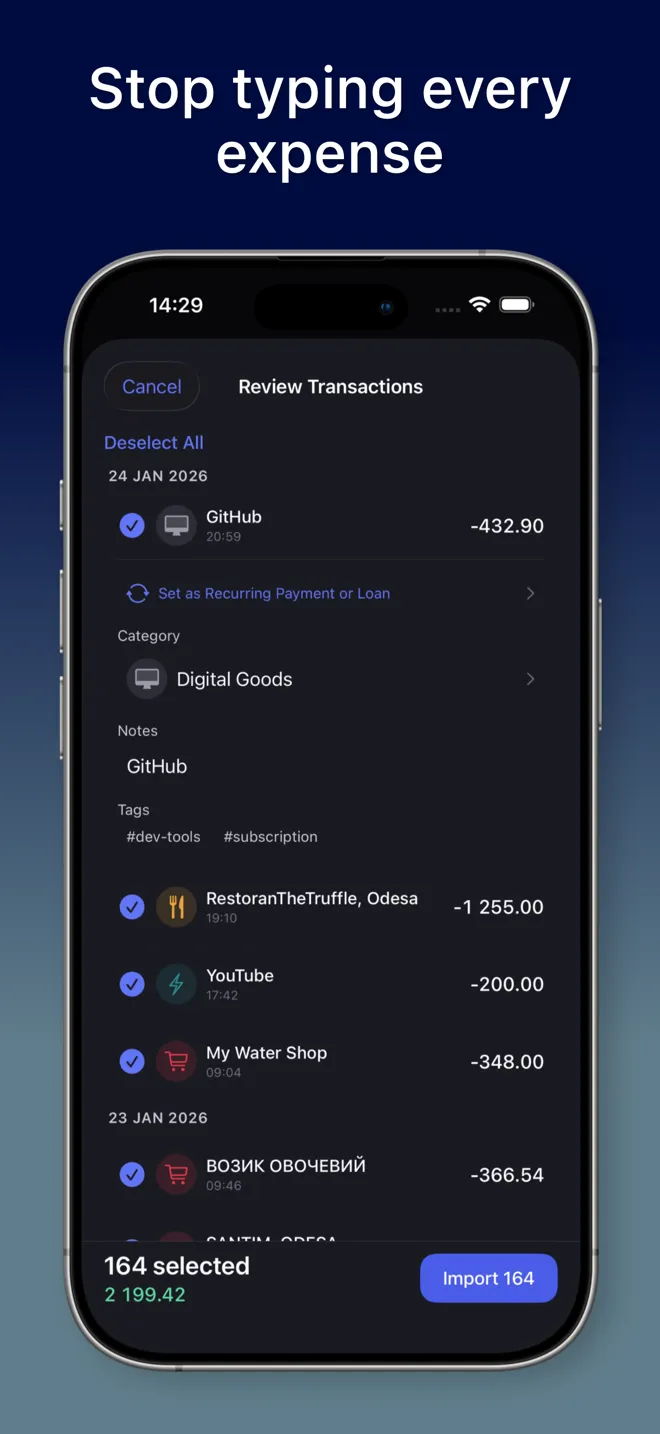 MoneyFlux review screen for an imported statement with 164 rows selected, each with a category and tags