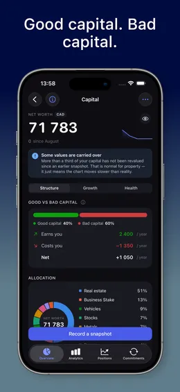 MoneyFlux Capital: net worth with good capital versus bad capital, what your assets earn and what they cost a year.