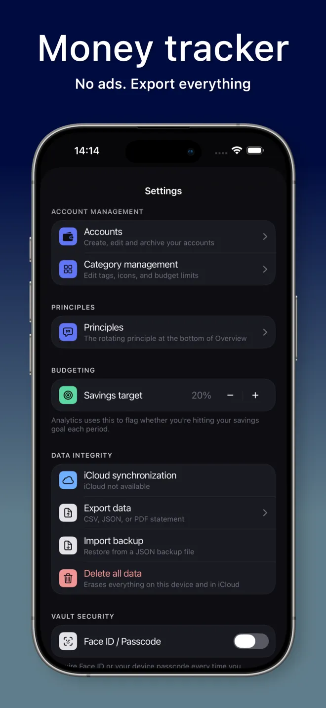 MoneyFlux Settings screen with Export data, Import backup and iCloud sync rows