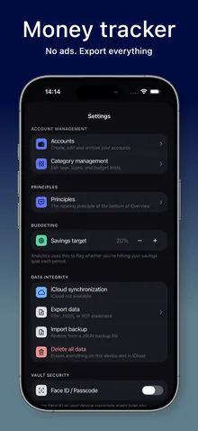 MoneyFlux Settings: accounts, categories, principles, savings target, iCloud sync, export, backup restore and Face ID lock.